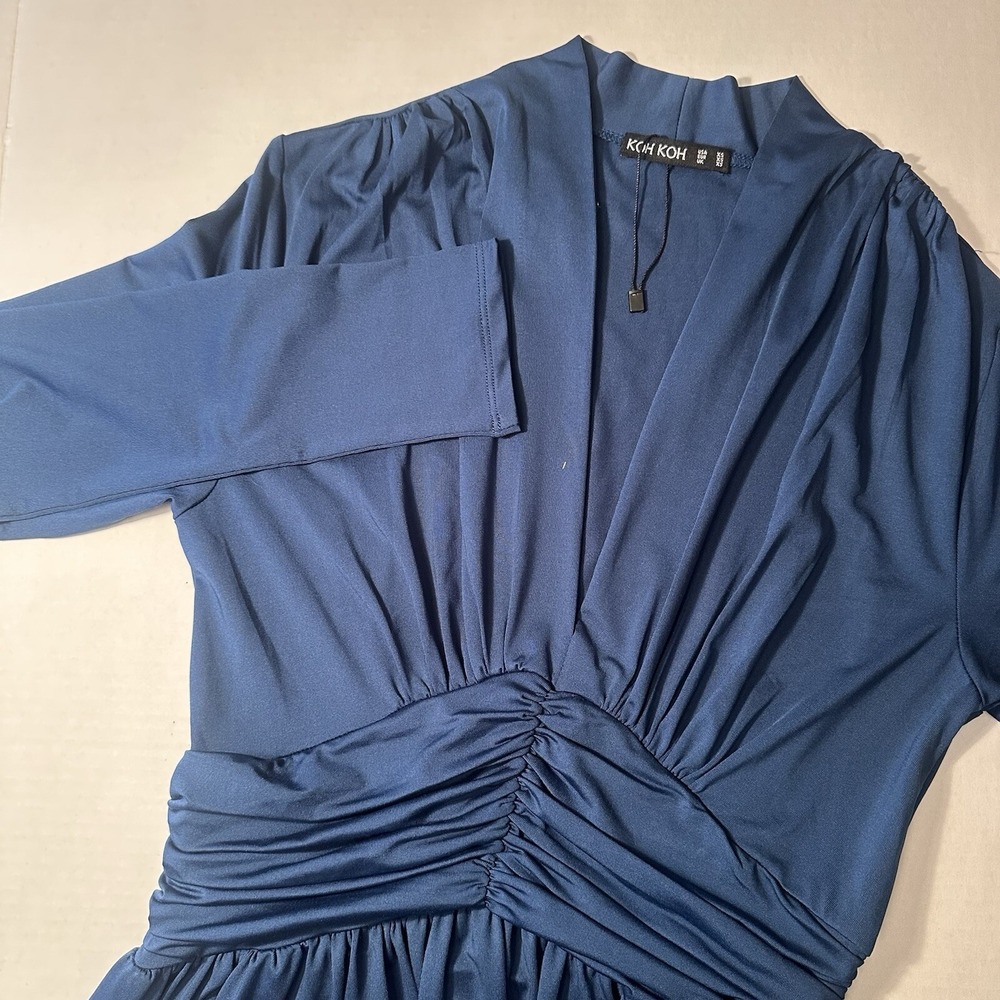 Koh Koh Dress XS Blue Maxi V-Neck Pleated Center Split Formal Gown